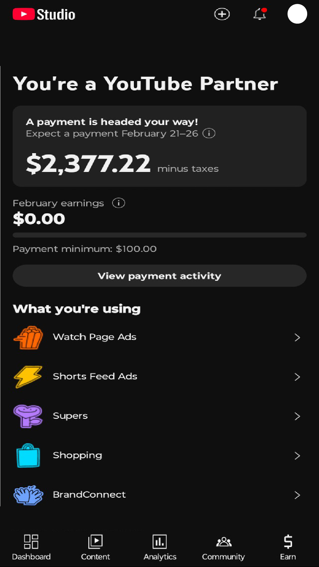 YouTube payment showing $2,377.22