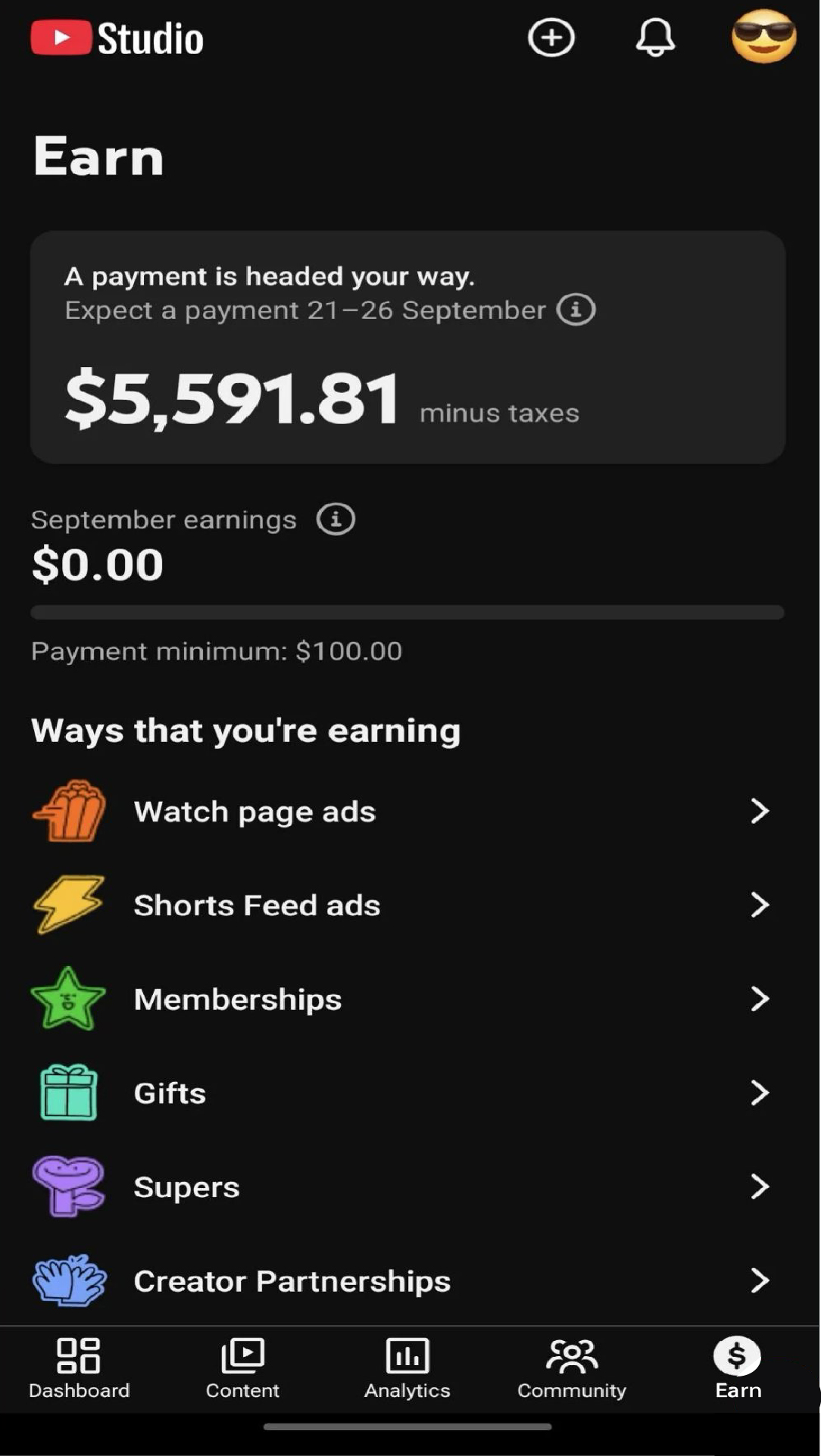 YouTube expected payment showing $5,591.81 before taxes